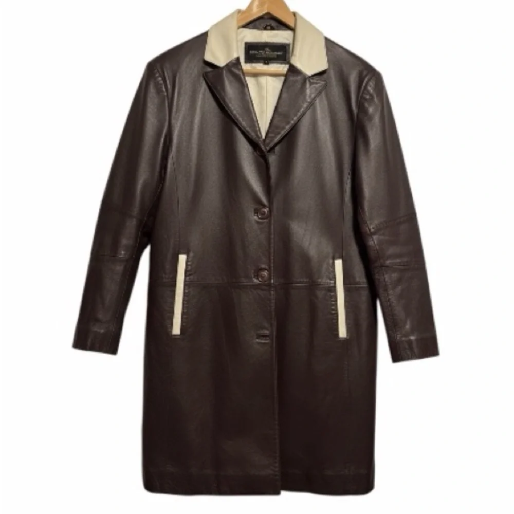 Stacy Adams Men’s Dark Brown Leather Car Coat With Ivory Trim Size Large Vintage